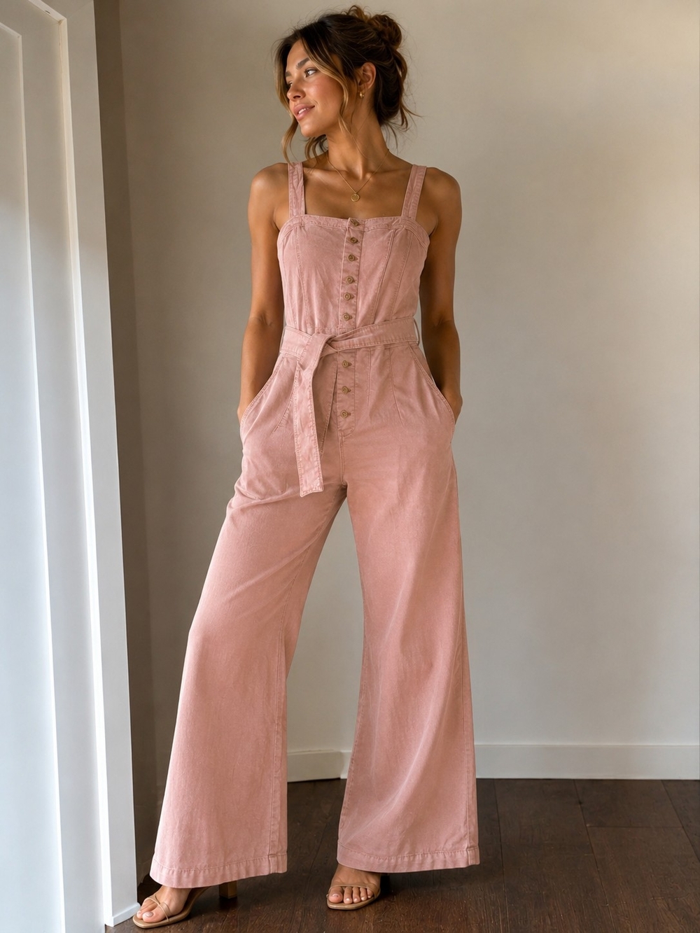 Anthropologie Linen Blend Blush Pink Button-Front Wide-Leg Jumpsuit